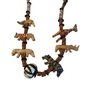 Vintage African Handcrafted Wooden Safari Animal Beaded Tribal Necklace 17"